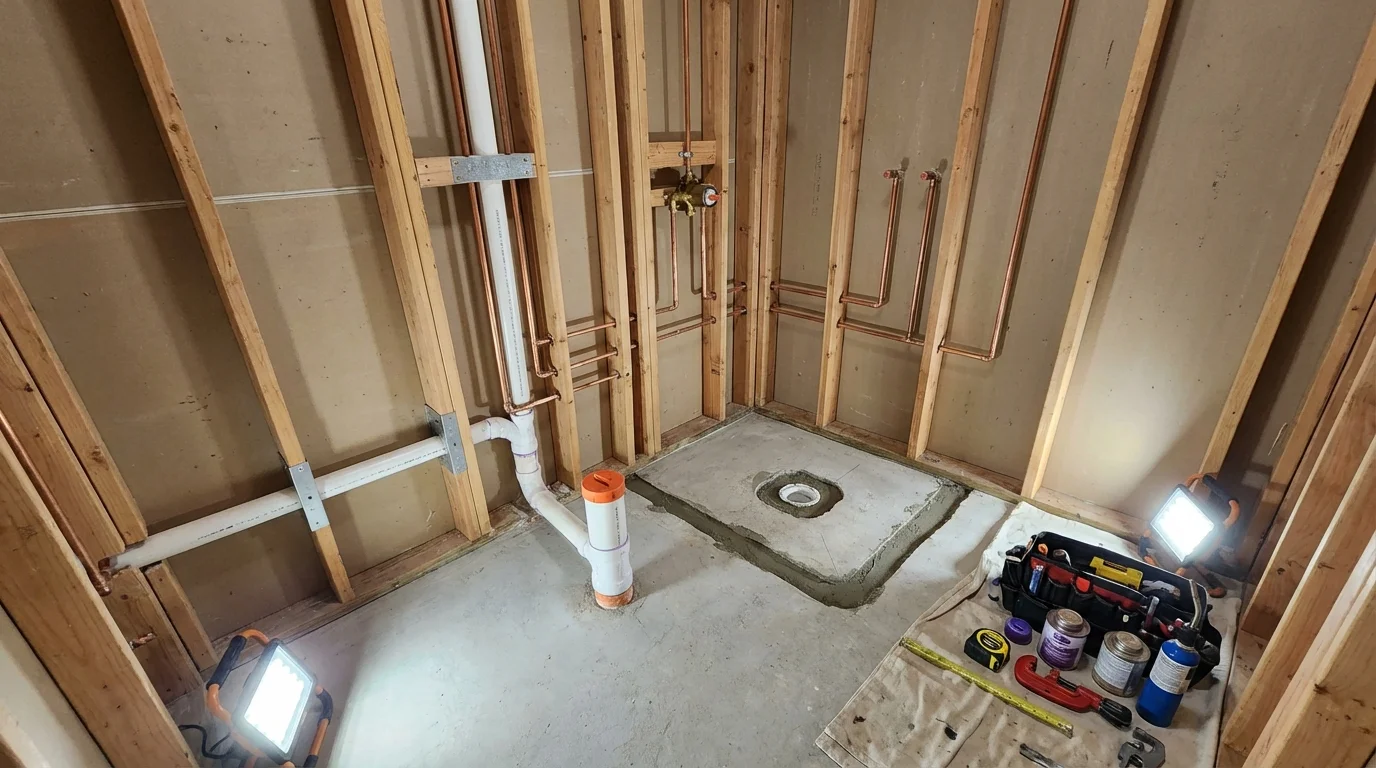 Bathroom rough-in plumbing during remodel by Johns Plumbing LLC in Mandeville