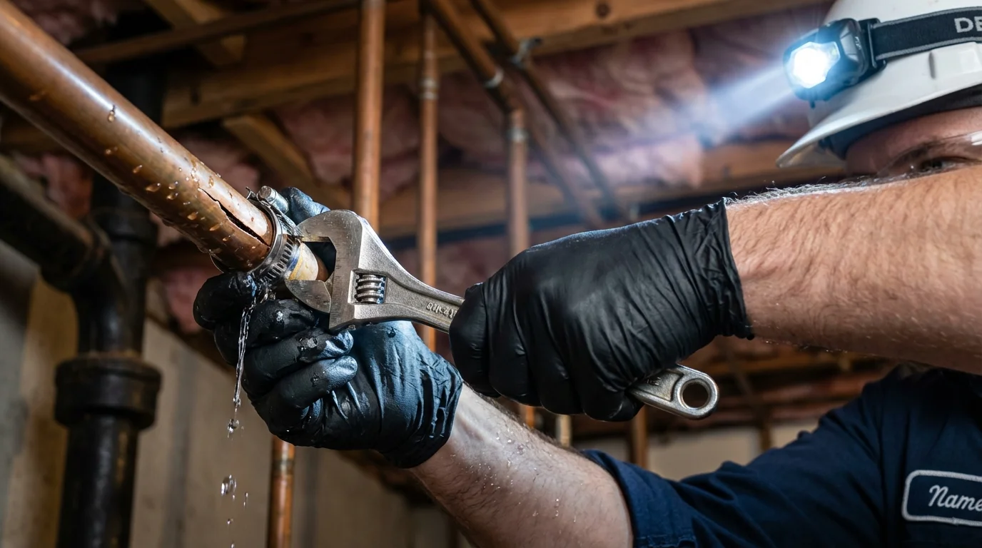 Emergency pipe clamp repair being performed by a Johns Plumbing LLC plumber in Mandeville