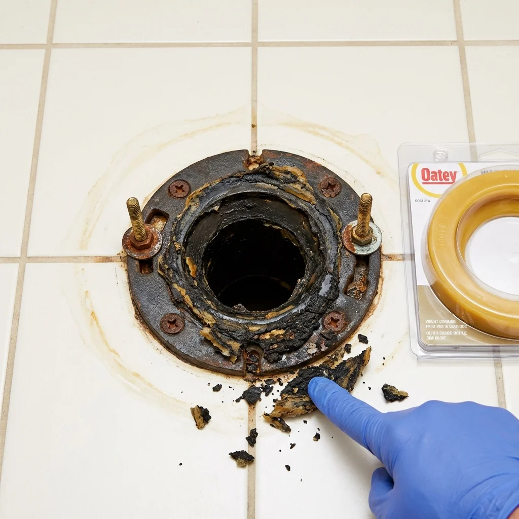 Failed wax ring showing water seepage at the base of a toilet in a Mandeville, LA home
