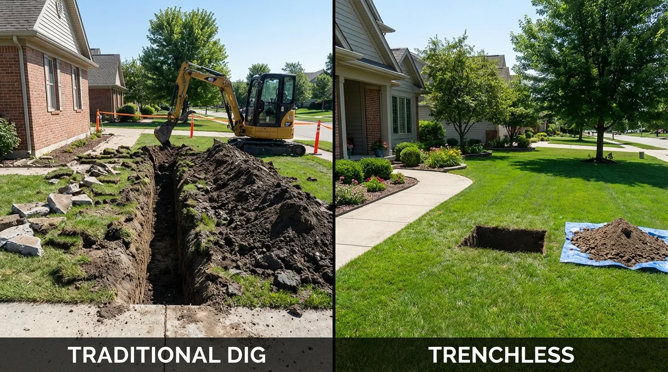 Trenchless sewer repair with minimal yard damage versus traditional excavation in Mandeville, LA