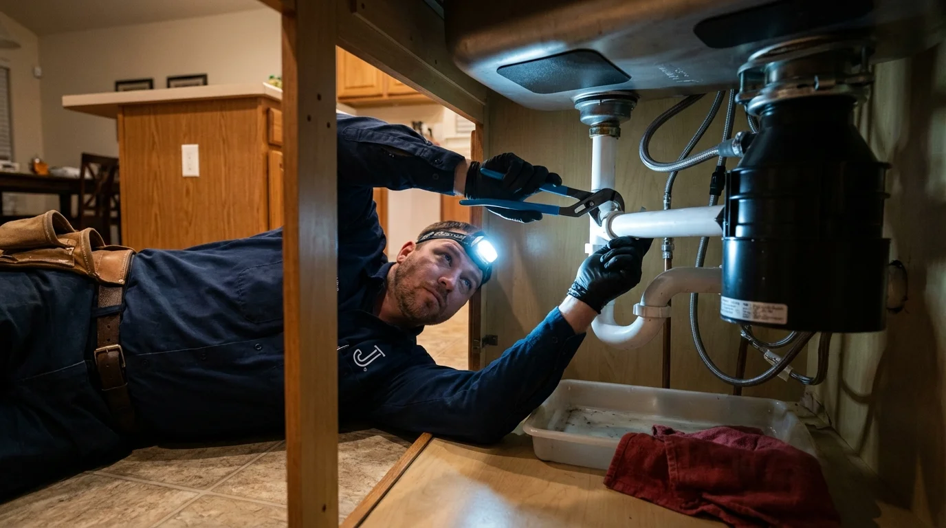 P-trap and supply line connections under a kitchen sink showing a common leak point in Mandeville, LA